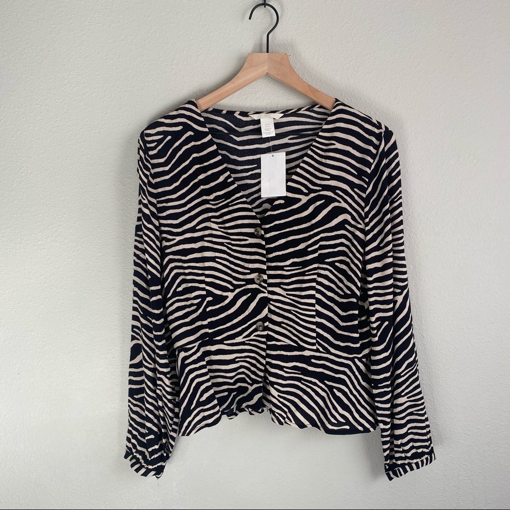 H&M Zebra Print V Neck Peplum Blouse